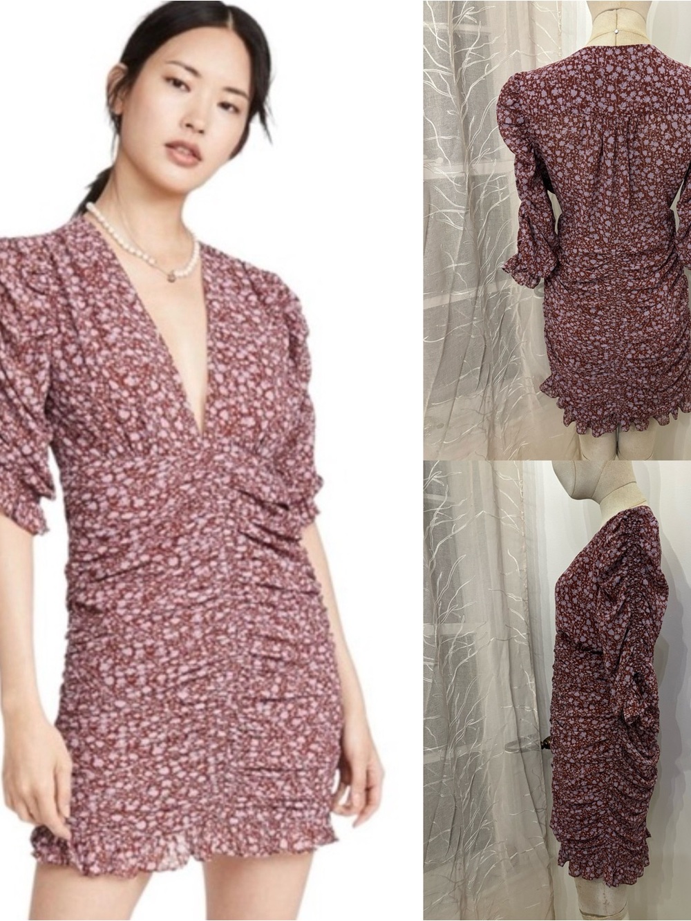 re:named Floral Print Ruched Ruffle Puff Sleeve V-Neck Mini Dress